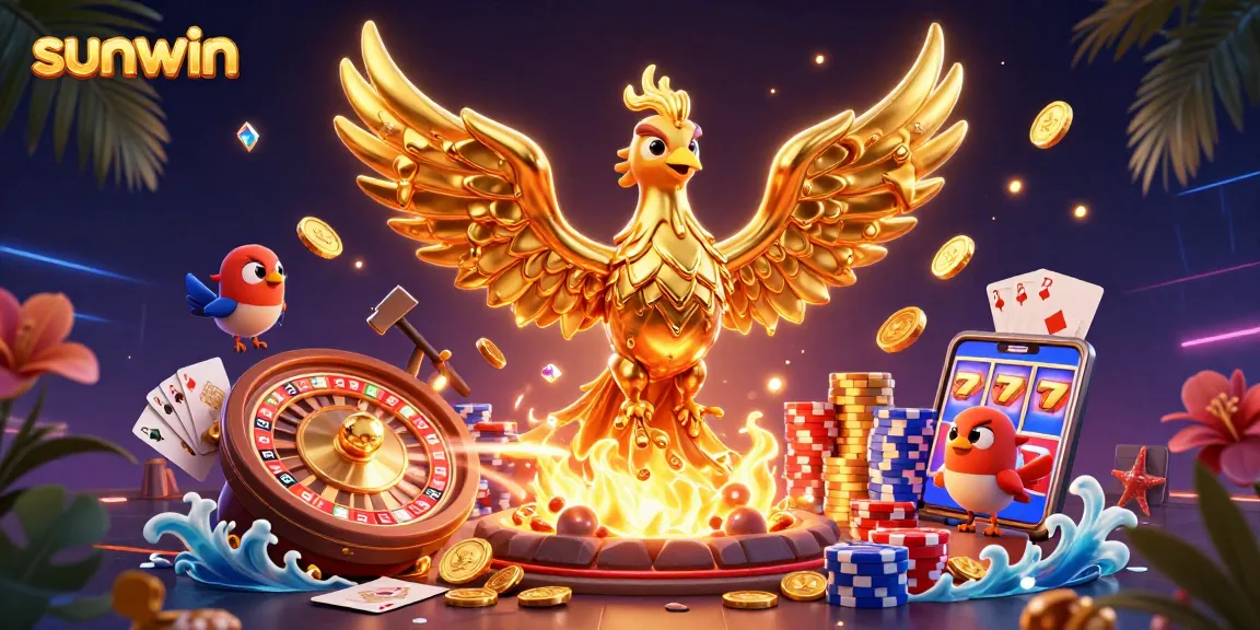 Win with the sunwin golden phoenix and cascading casino riches in this vibrant illustration.