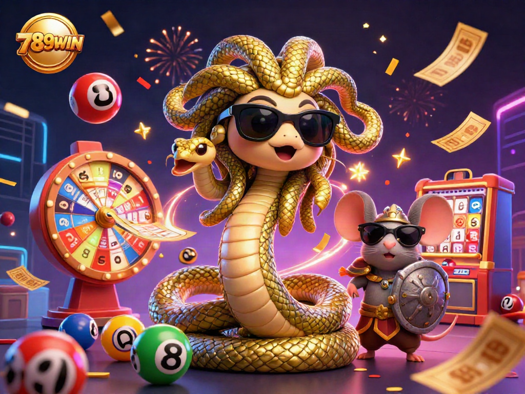 Engage with the vibrant world of 789WIN showcasing lottery balls, celebrations, and mythical characters.