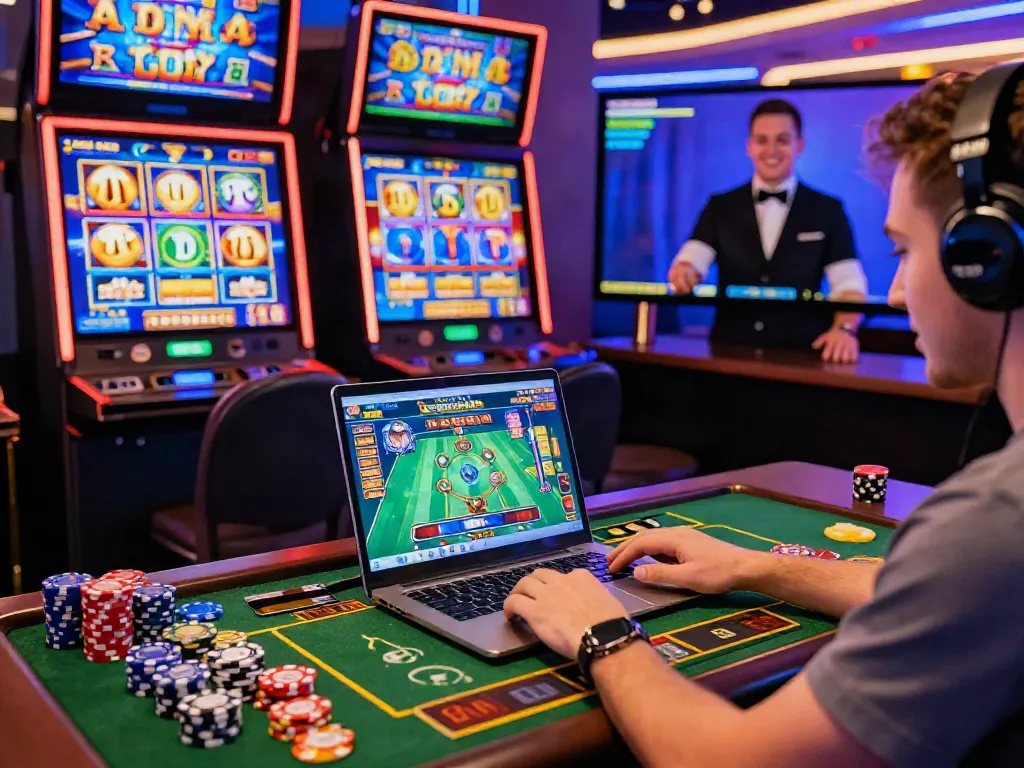 Player engaging with credit card casinos on a laptop, surrounded by gaming elements and a vibrant atmosphere.