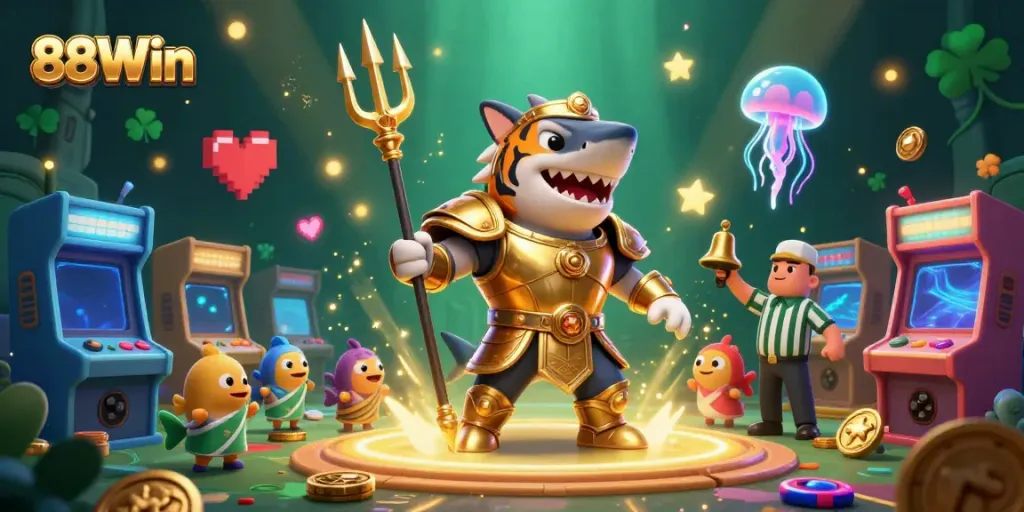 Experience the excitement of 88Win with a dynamic underwater casino scene featuring a gladiator shark!