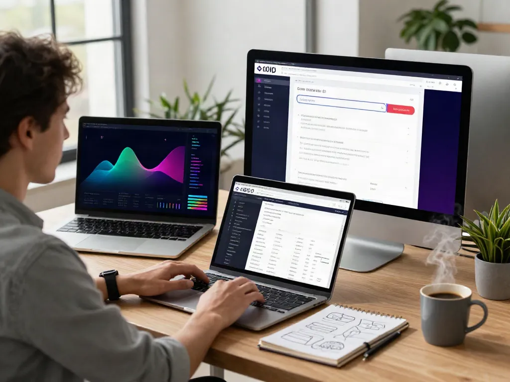 Content creator optimizing a website for instant indexing in a bright digital workspace.