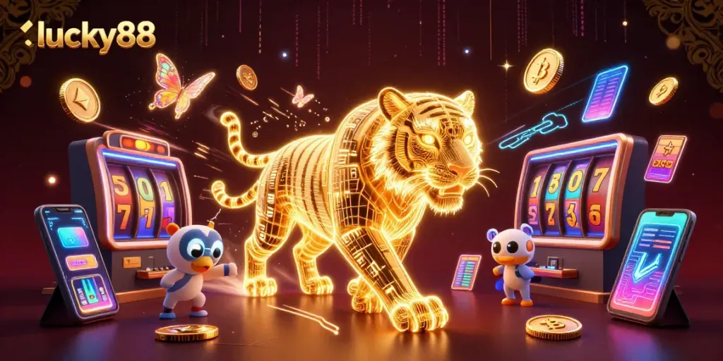 Experience the thrilling lucky88 slot adventure with glowing coins and a neon tiger in a vibrant digital casino.