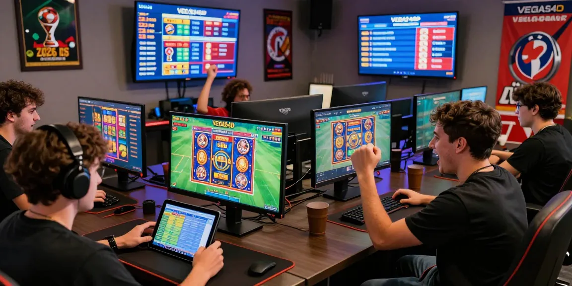VEGAS4D gamers enjoying online betting with sports graphics during World Cup 2026.
