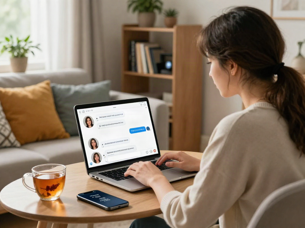AI sex chat participant in cozy living room, engaging with virtual conversation interface on laptop.