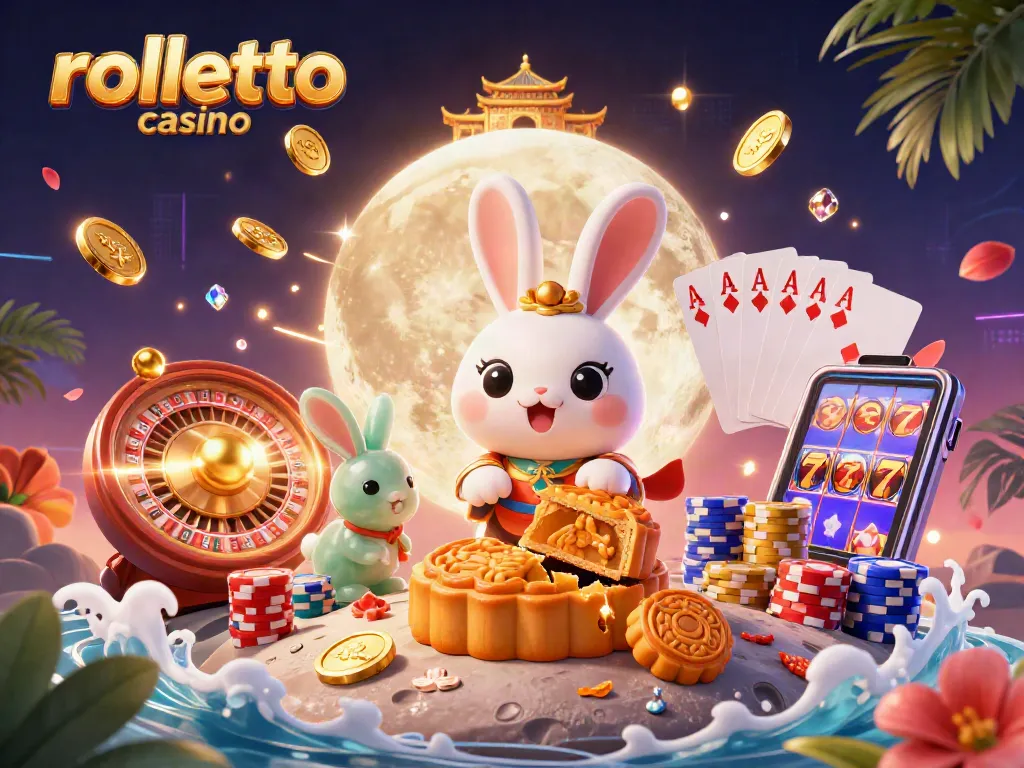 Experience rolletto casino with a vibrant 3D illustration of a moon rabbit and casino elements.