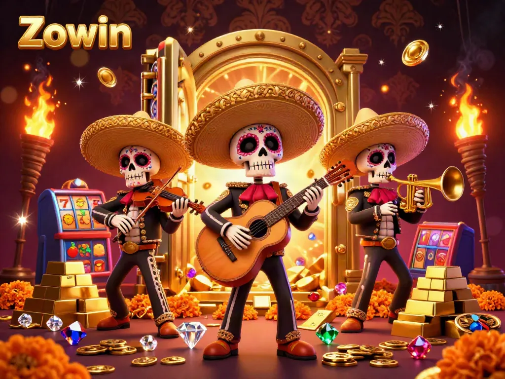 Engage with Zowin's vibrant casino atmosphere featuring a mariachi band amidst golden treasures and gaming symbols.