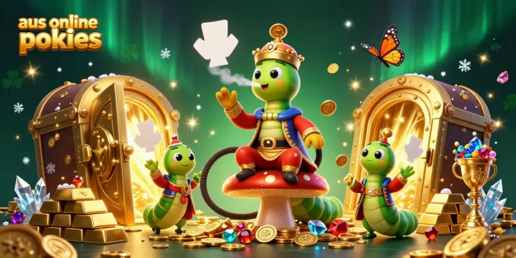 Experience thrilling play in aus online pokies with a vibrant 3D casino scene showcasing riches and excitement.