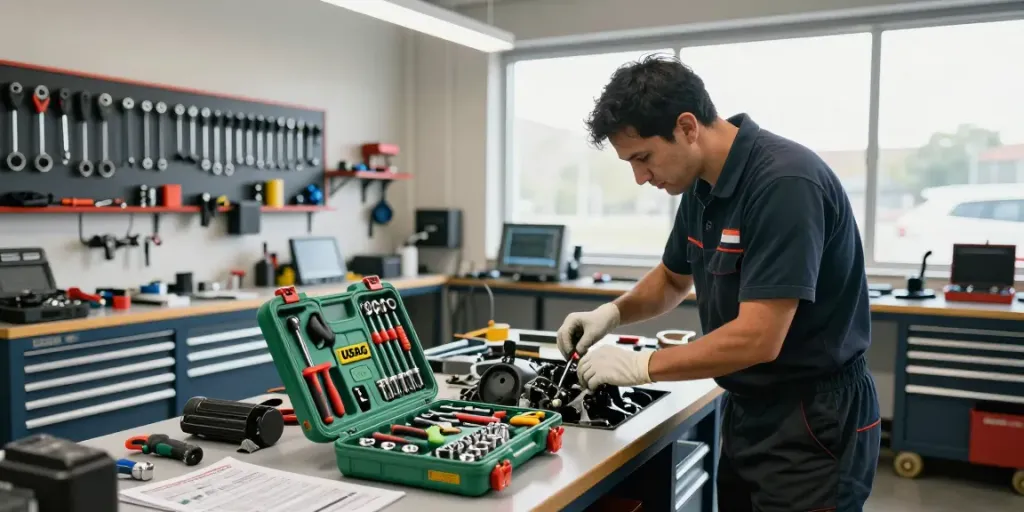 Technician using USAG tools in a well-lit workshop for automotive repairs.