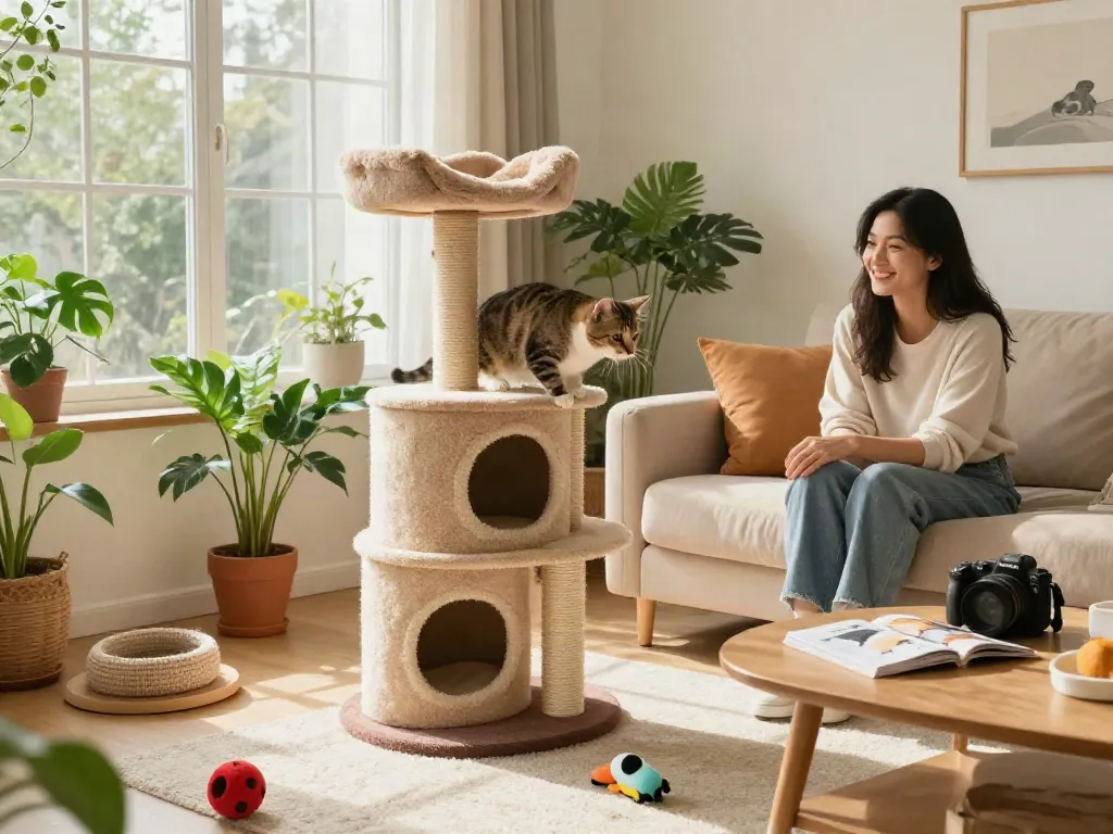 A playful cat climbing a modern cat tree in a cozy living room, showcasing its vibrant design and engaging features.