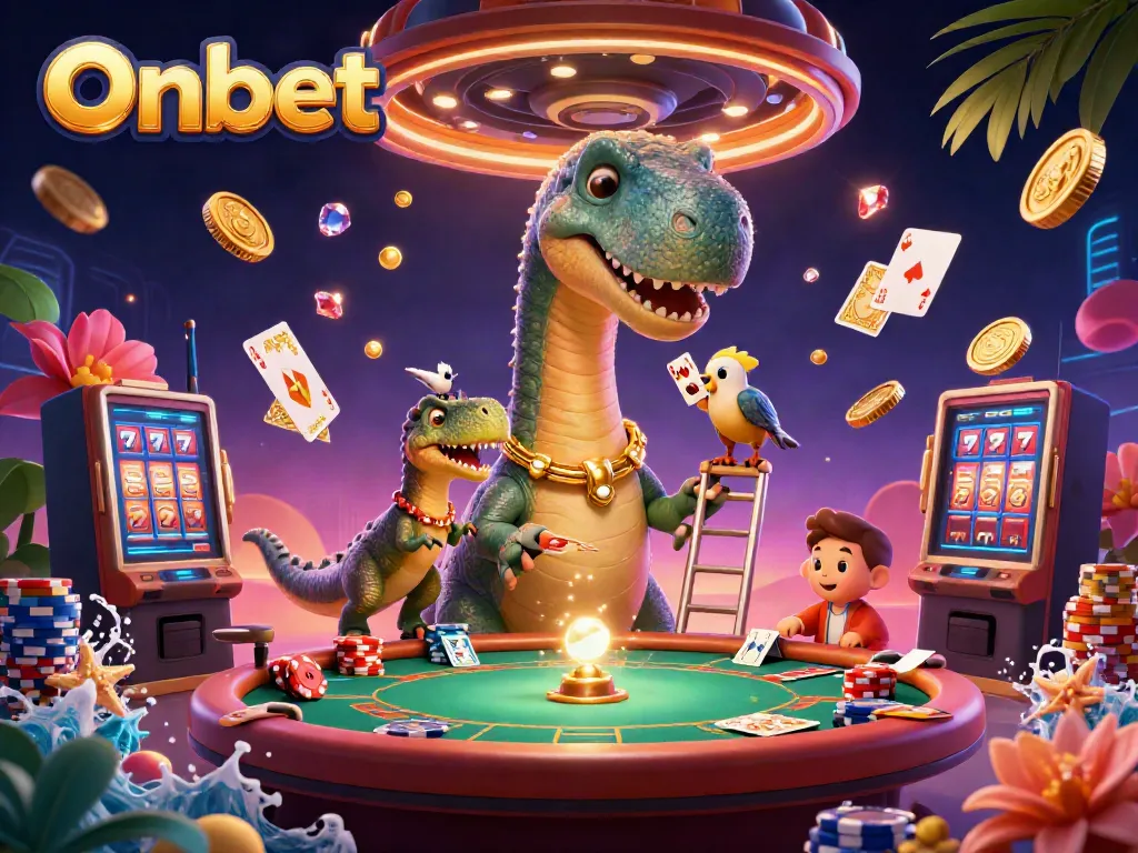 Experience exciting gameplay at Onbet with a lively 3D illustration of a dinosaur casino scene.