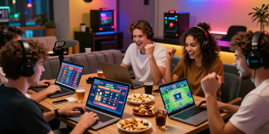 Exciting gaming experience at http://debet-onl.com with friends enjoying various online games in a modern lounge.