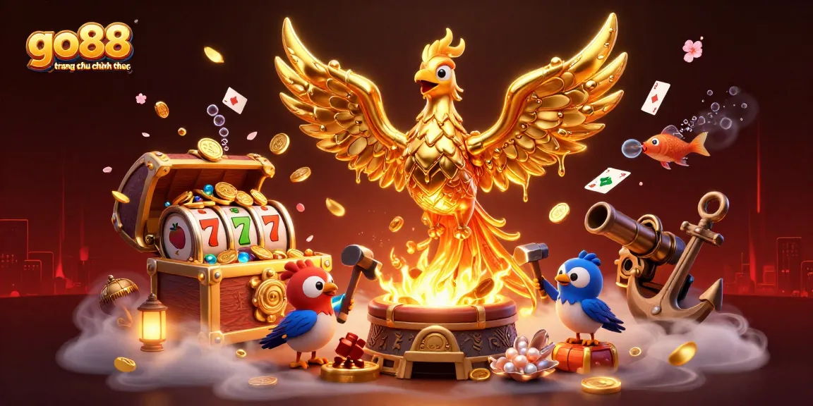 Experience go88 trang chu chinh thuc with a vibrant 3D illustration of a golden phoenix and casino elements.