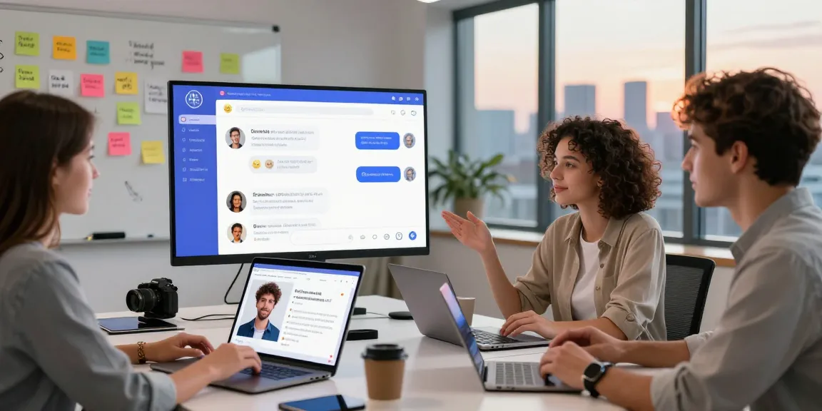 Engaging scene of ai sex chat interactions among diverse young adults in a vibrant digital workspace.