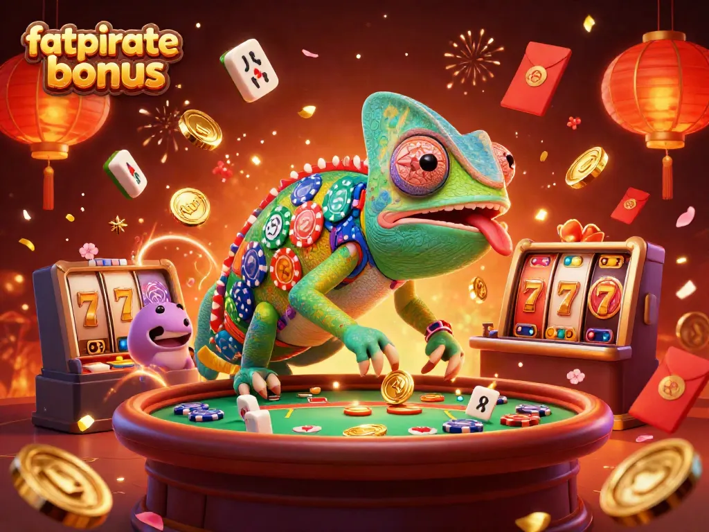 Experience the thrilling fatpirate bonus with exciting slot reels, colorful chameleon character, and festive confetti.