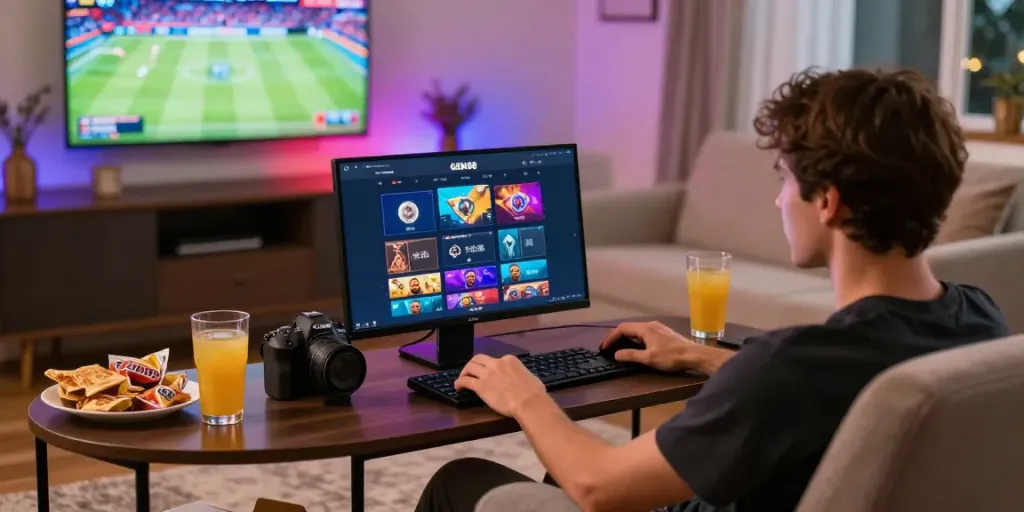 Engaging home gaming scene showcasing nhà cái gem88 with interactive laptop setup and snacks.