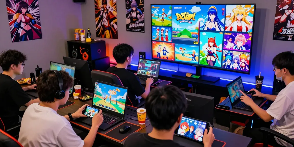 Players enjoying a lively gaming session displaying various hentai games on devices in a vibrant lounge.