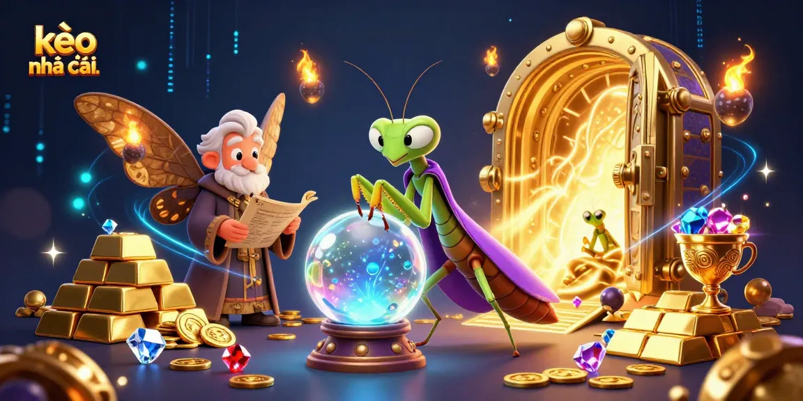 Engage in kèo nhà cái action with mystical beings and treasure in a vibrant 3D illustration.