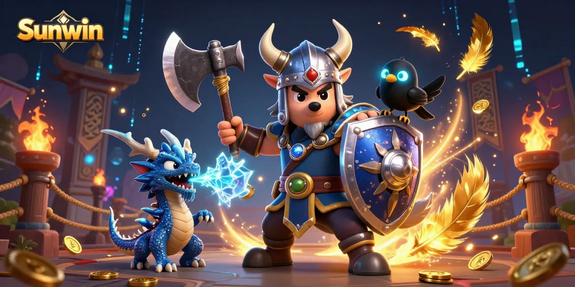 Experience thrilling gaming action with Sunwin featuring a Viking warrior, fierce dragon, and raven in a casino scene.