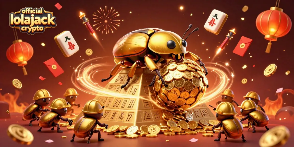 Rolling golden coins at official lolajack crypto hub amidst vibrant casino elements and festive decorations.