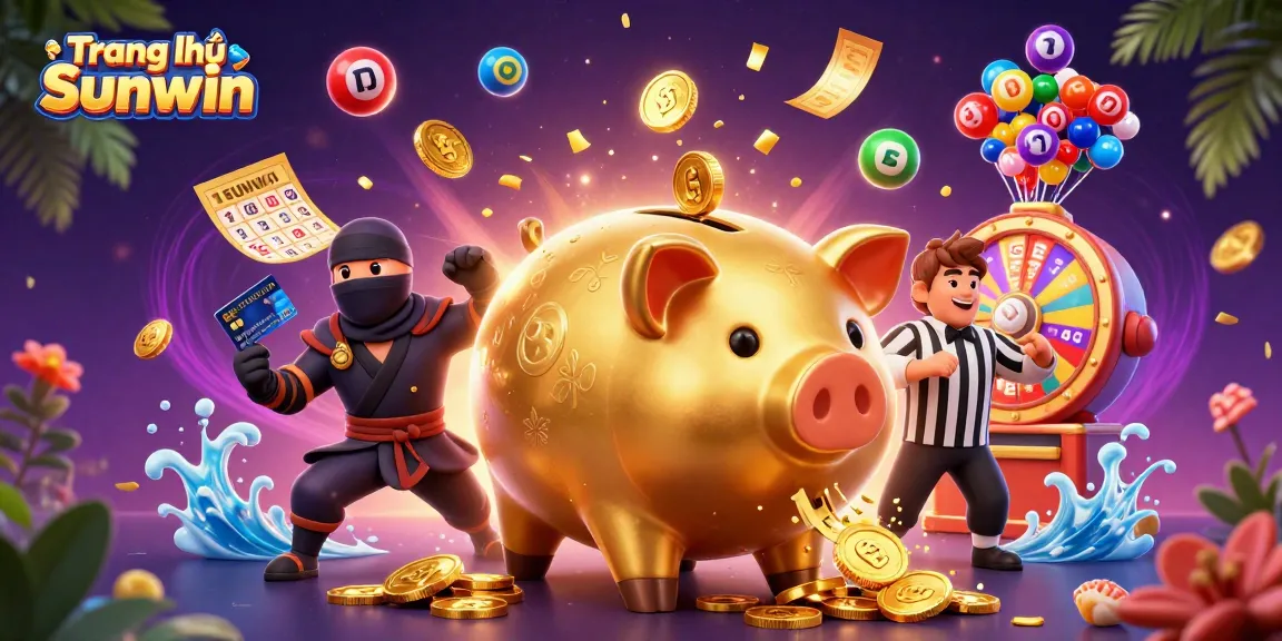 Engage with the thrilling world of Trang chủ Sunwin as characters interact around vibrant lottery elements and coins rain down.