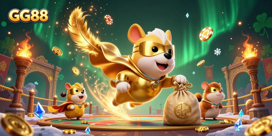 GG88 superhero dog flies with gold coins amid dynamic casino-themed elements, showcasing excitement.