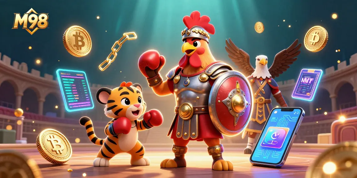 M98 gladiator rooster illustrates crypto casino dynamics with vibrant characters.