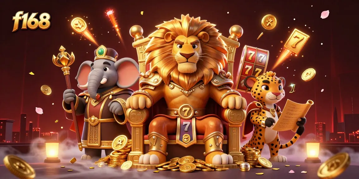 Spin slot reels and win big at f168 with the king, elephant, and cheetah in a vibrant casino scene.