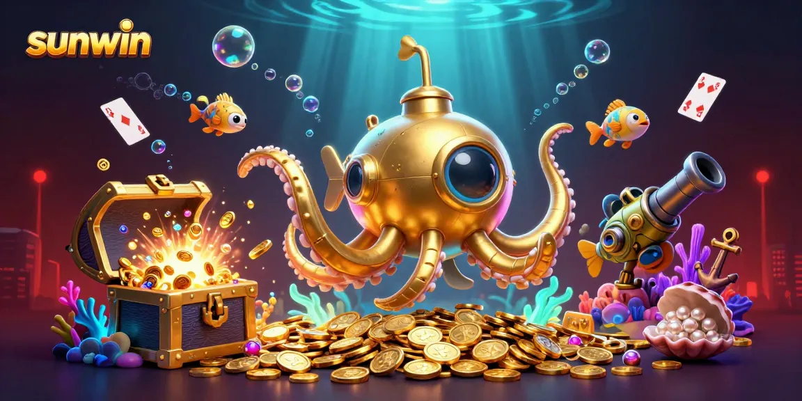 Experience thrilling wins at sunwin with a 3D scene of a golden kraken and mechanical fish amidst sparkling treasures.